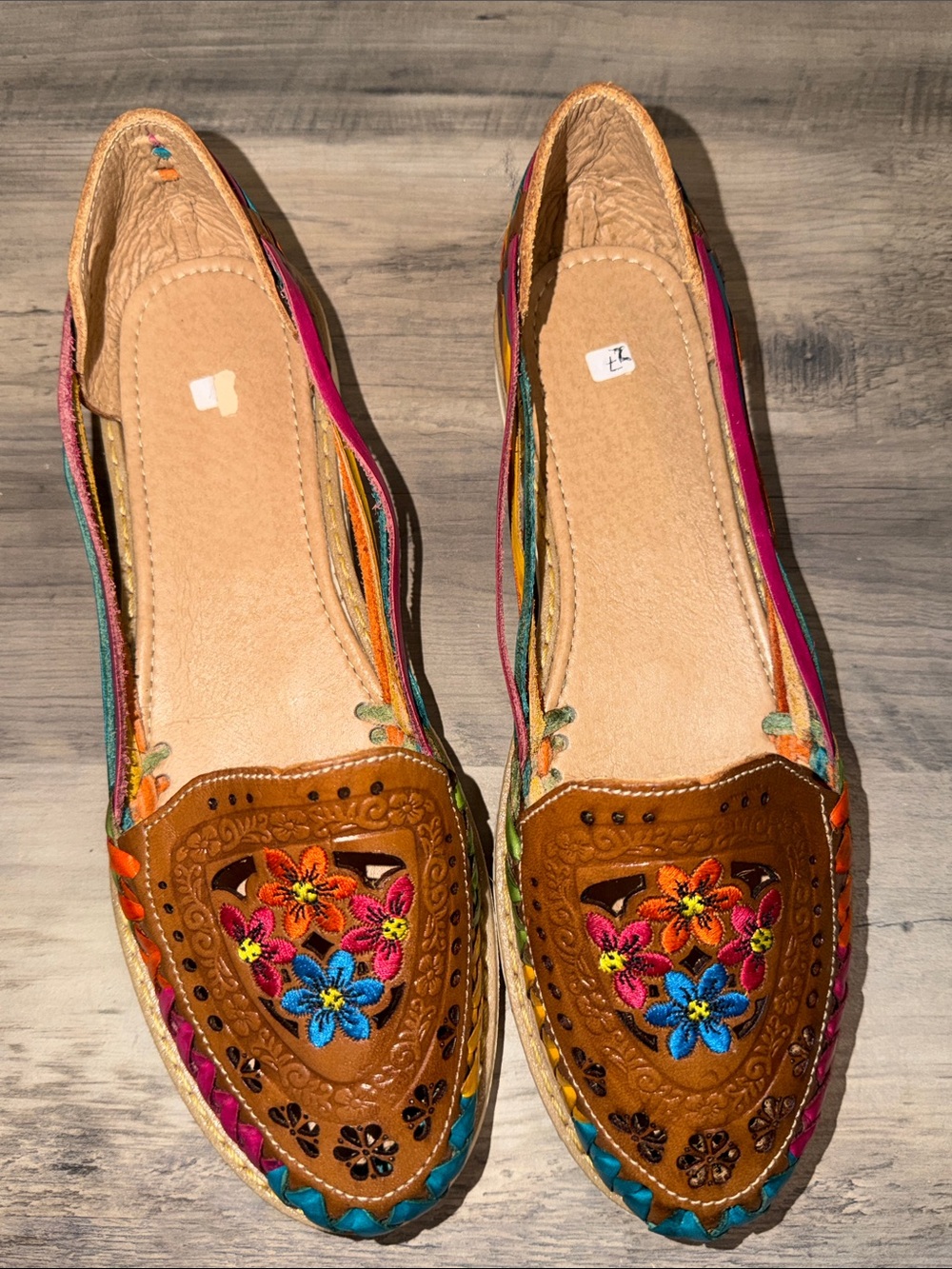 Women's 10 leather flat huaraches shoes Mexican sandals brown embroider flowers - Picture 3 of 7
